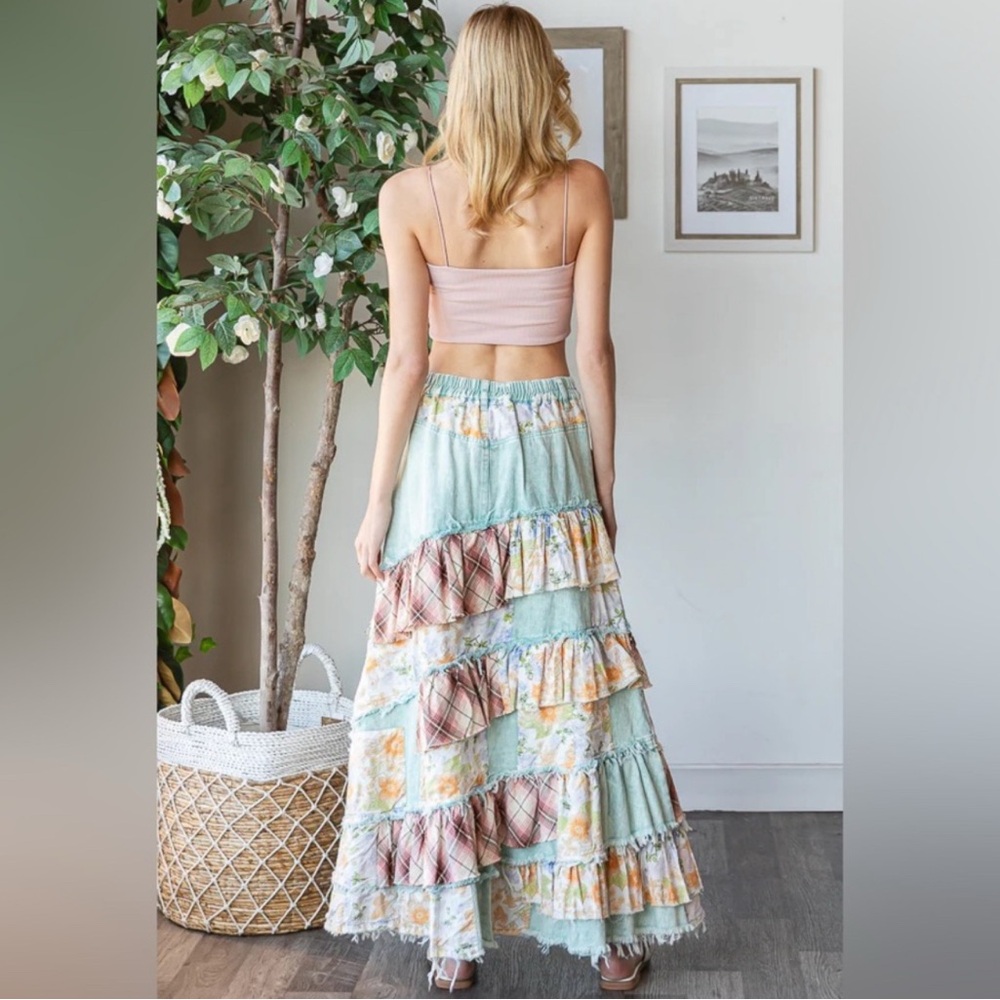 Oli & Hali Mint Plaid Floral Patchwork Ruffle Slit Denim Maxi Skirt - Picture 6 of 10